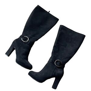 Odalis Black Heeled Wide Calf Boots with Chunky Heel and Silver Detail